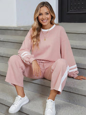 Daverri Fashions pink white striped tracksuit with drawstring waist