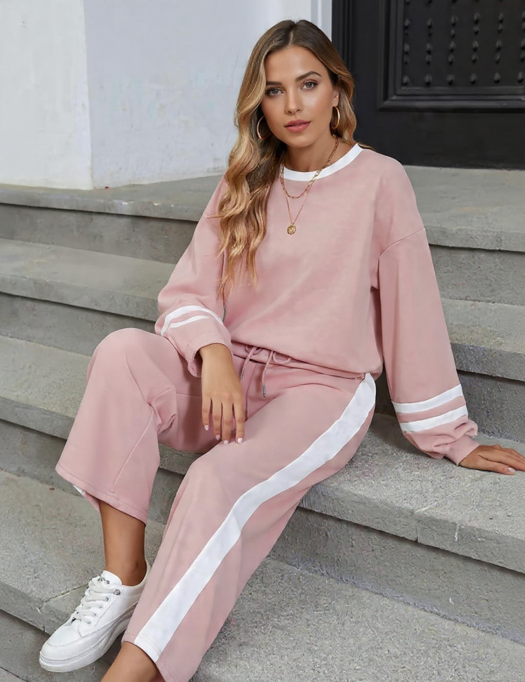 Daverri Fashions pink white striped track pants set