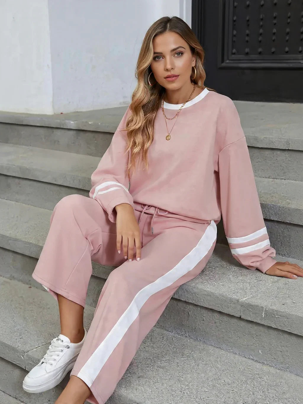 Daverri Fashions pink white striped track pants set