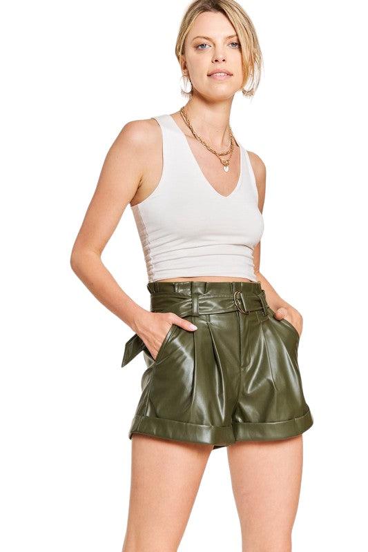 High-Rise Metallic Vegan Leather Belted Shorts Shorts