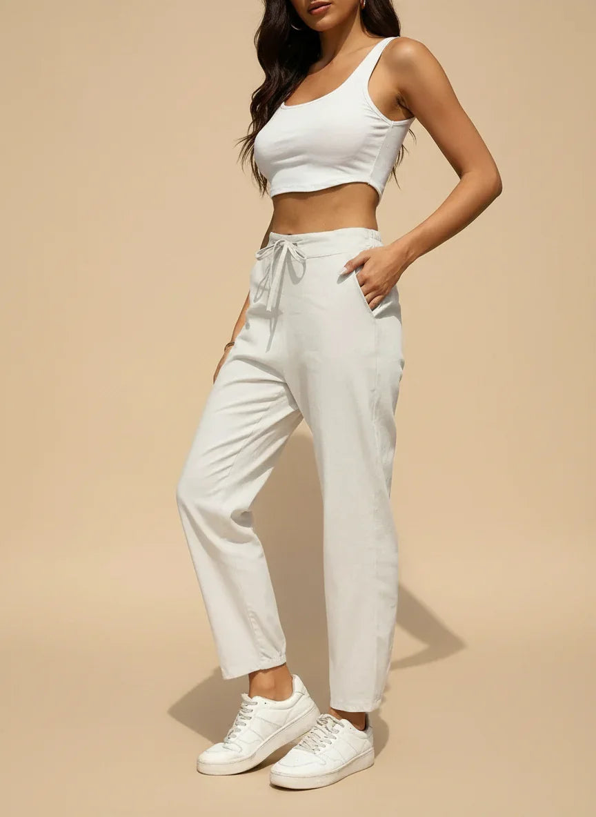 Daverri Fashions white cotton linen blend tapered jogger pants