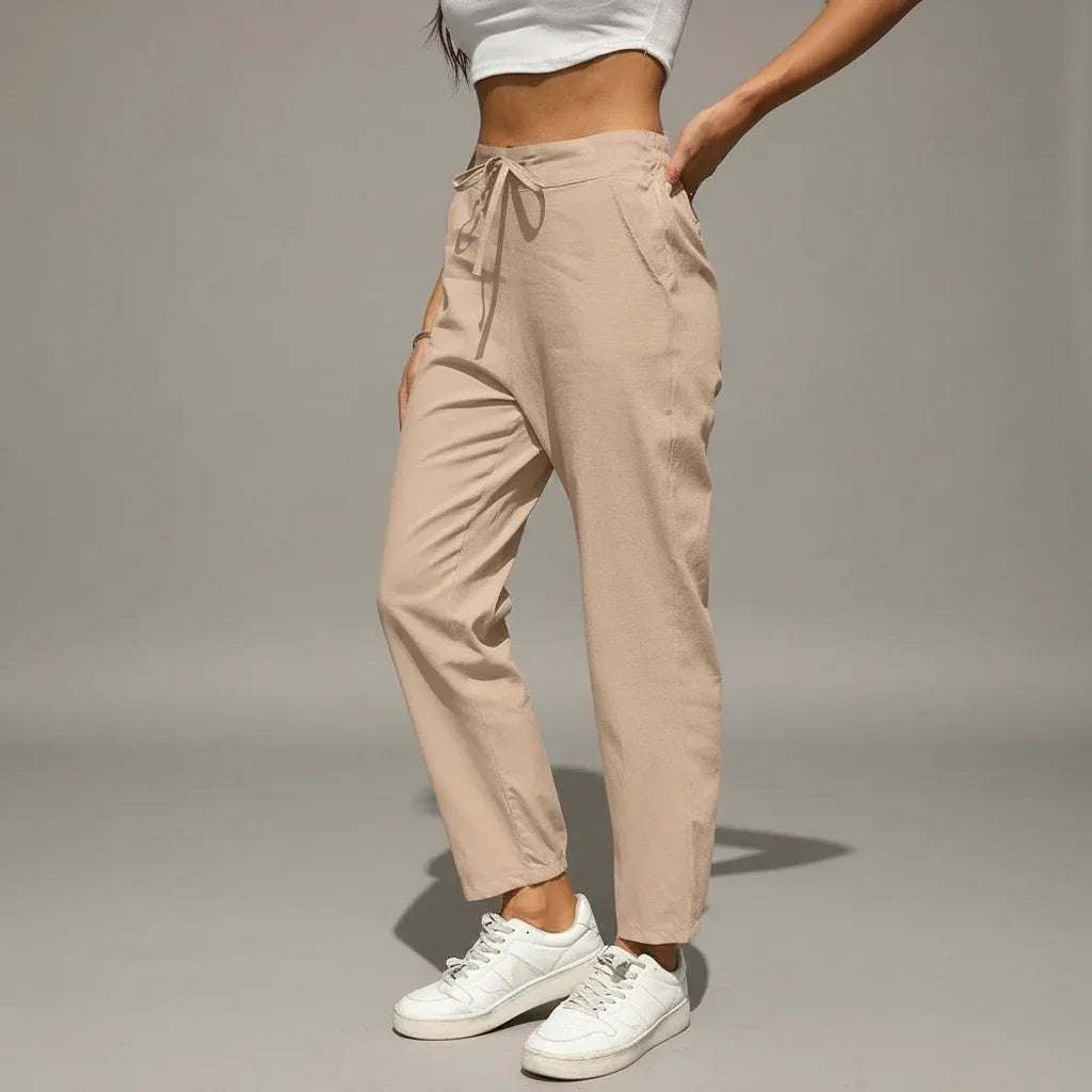 Beige Daverri Fashions cotton linen tapered pants with drawstring waist
