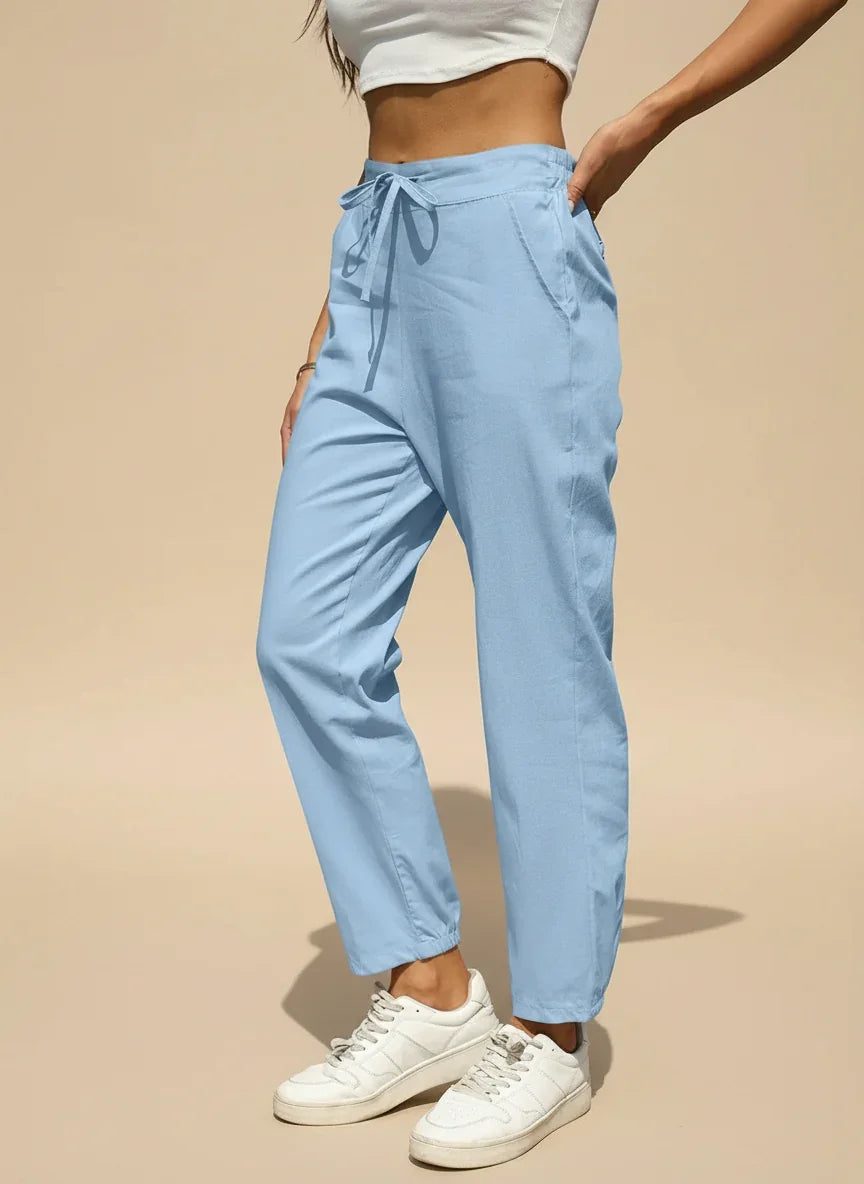 Light blue Daverri Fashions cotton linen jogger pants with drawstring waist