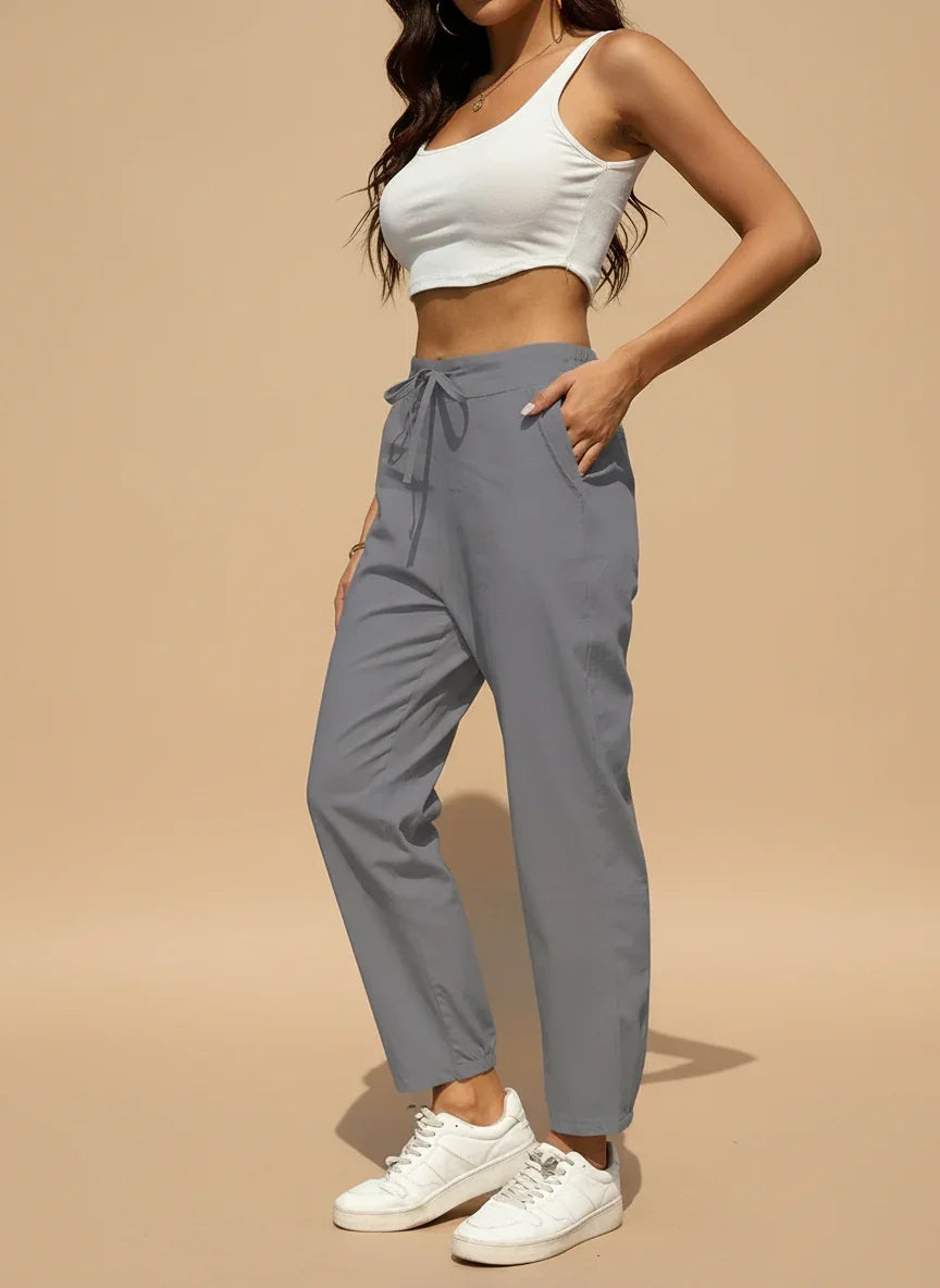 Daverri Fashions Cotton Linen Blend Elastic Waist Tapered Pants