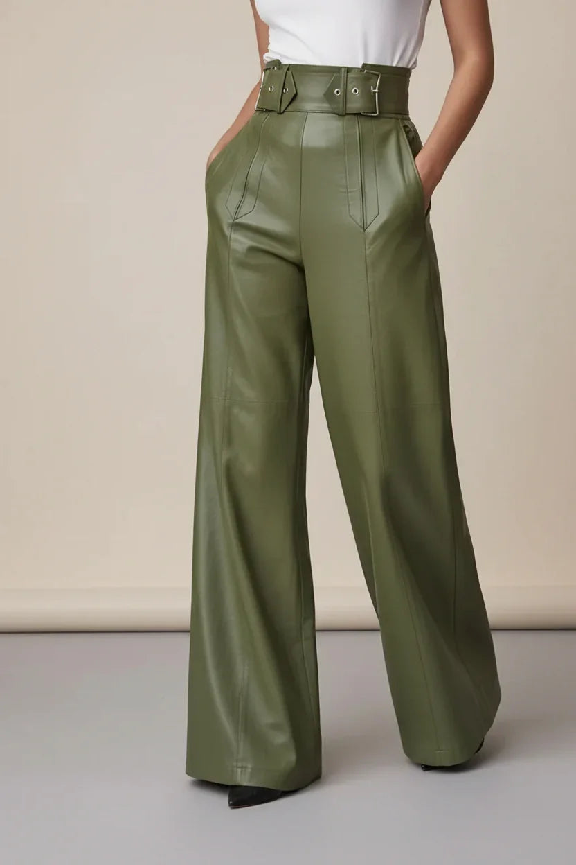 Daverri Fashions olive green faux leather high-waist wide-leg pants
