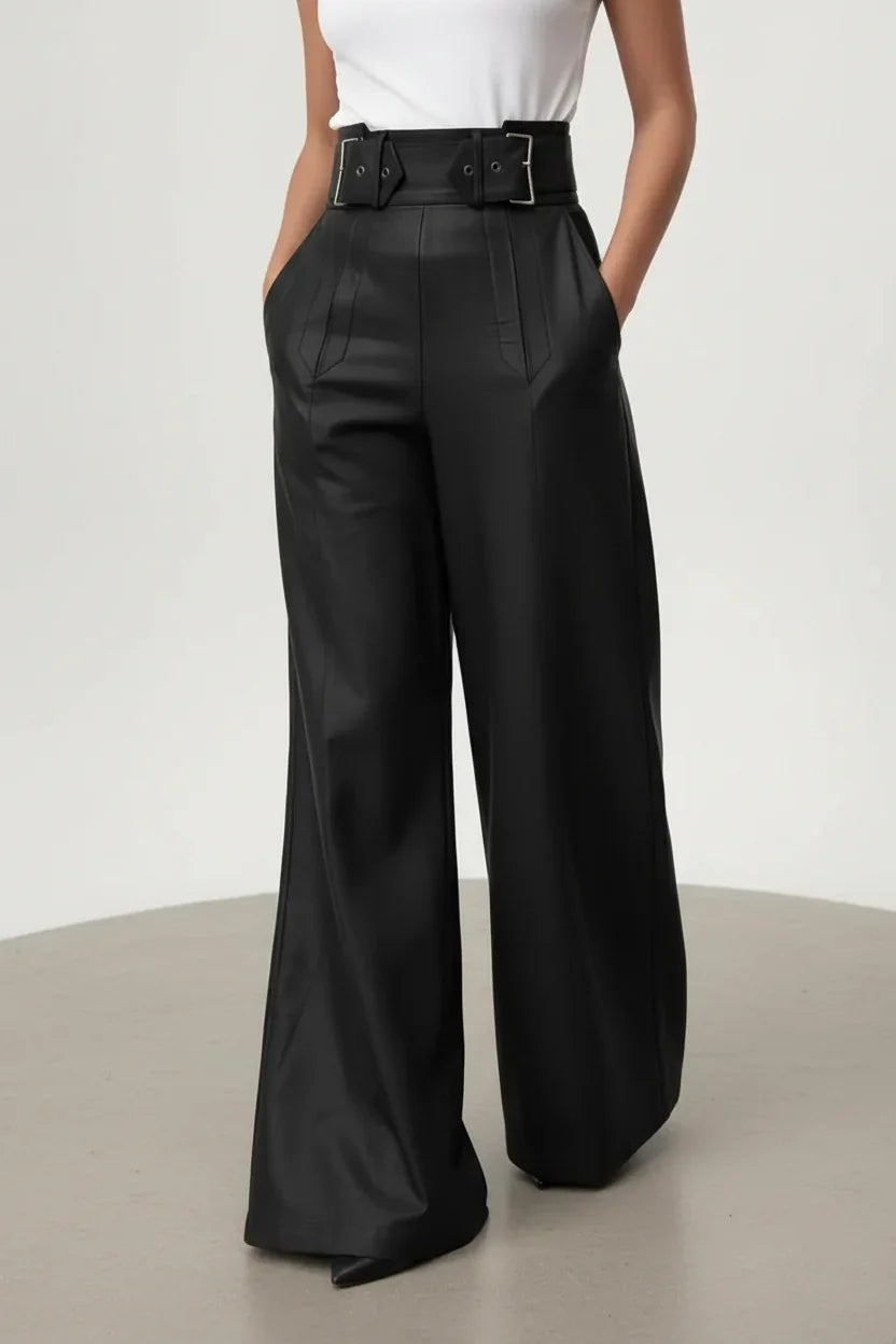 Daverri Fashions black faux leather high-waist wide-leg pants with silver buckle belt