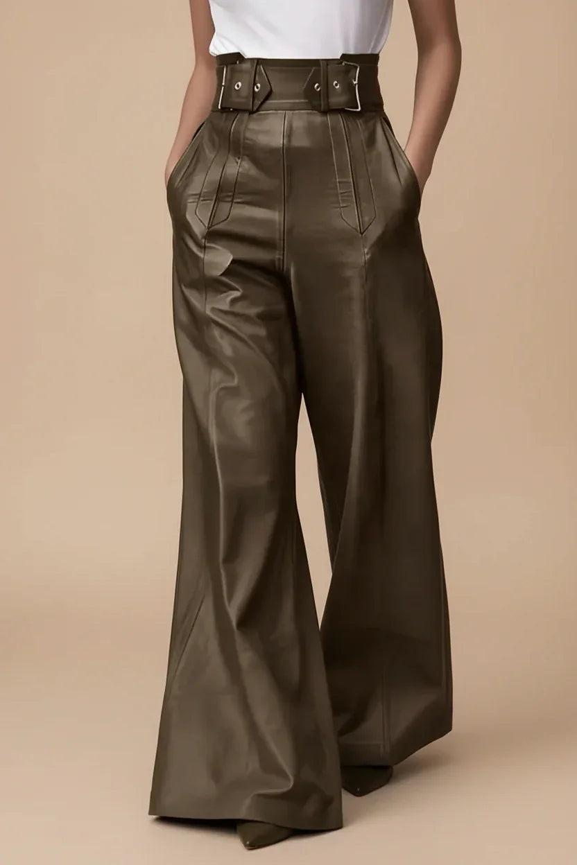Daverri Fashions olive green faux leather high-waist wide-leg pants