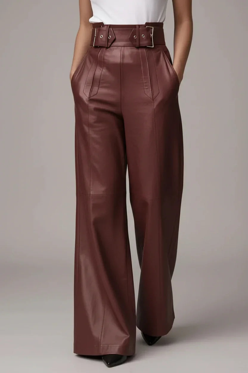 Daverri Fashions burgundy faux leather high-waist wide-leg pants with belt