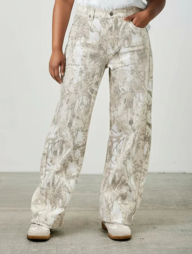 Seige Denim plus size high rise low curve barrel jeans with abstract camo