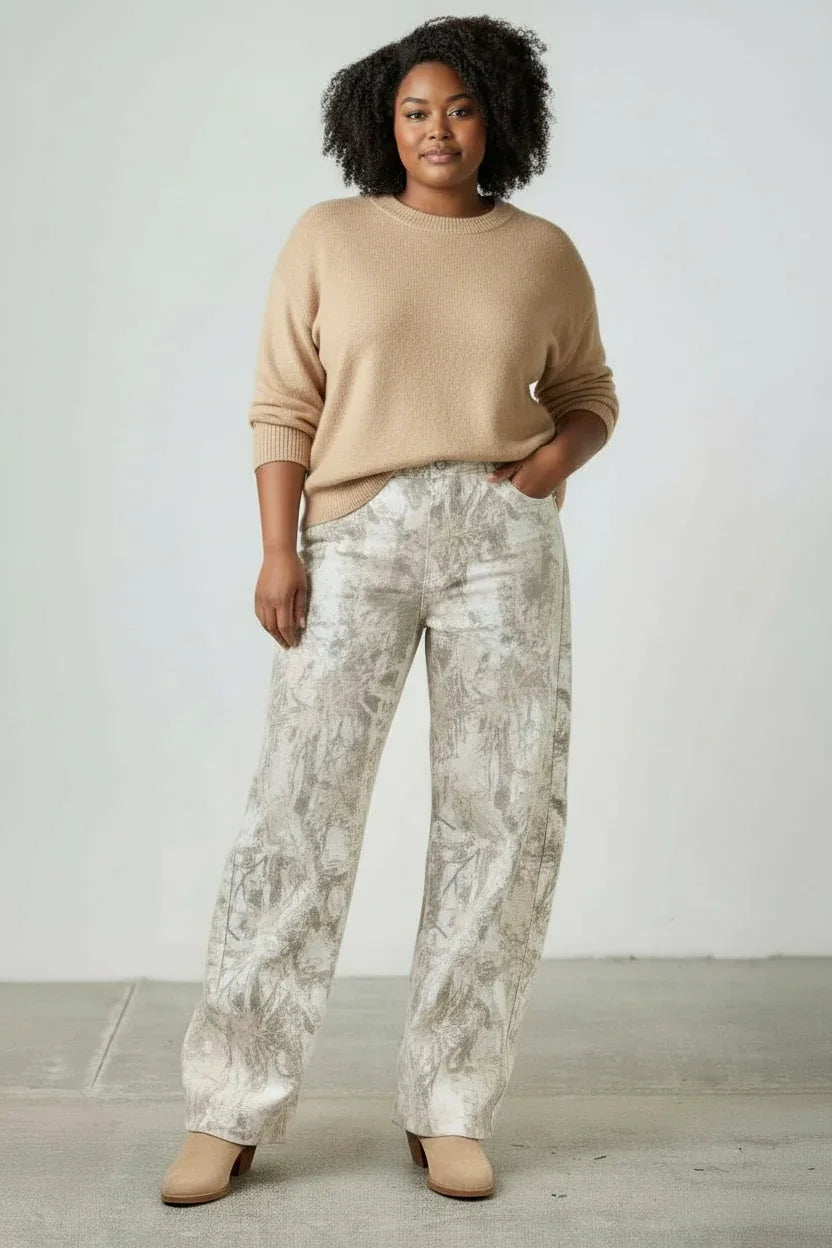 Beige and gray abstract patterned plus size high rise barrel jeans