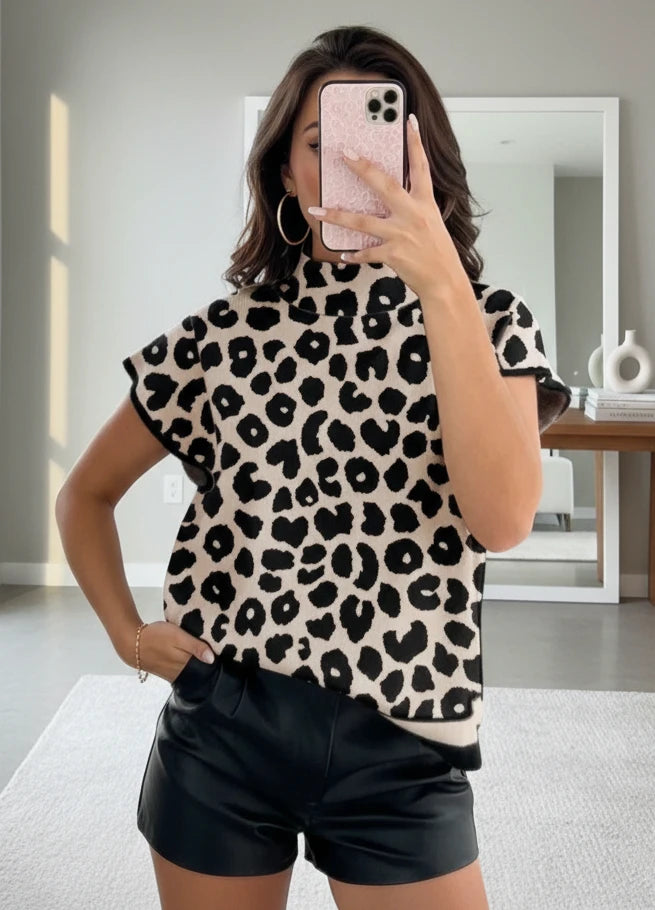 Daverri Fashions black and cream leopard cap sleeve sweater with ruffles