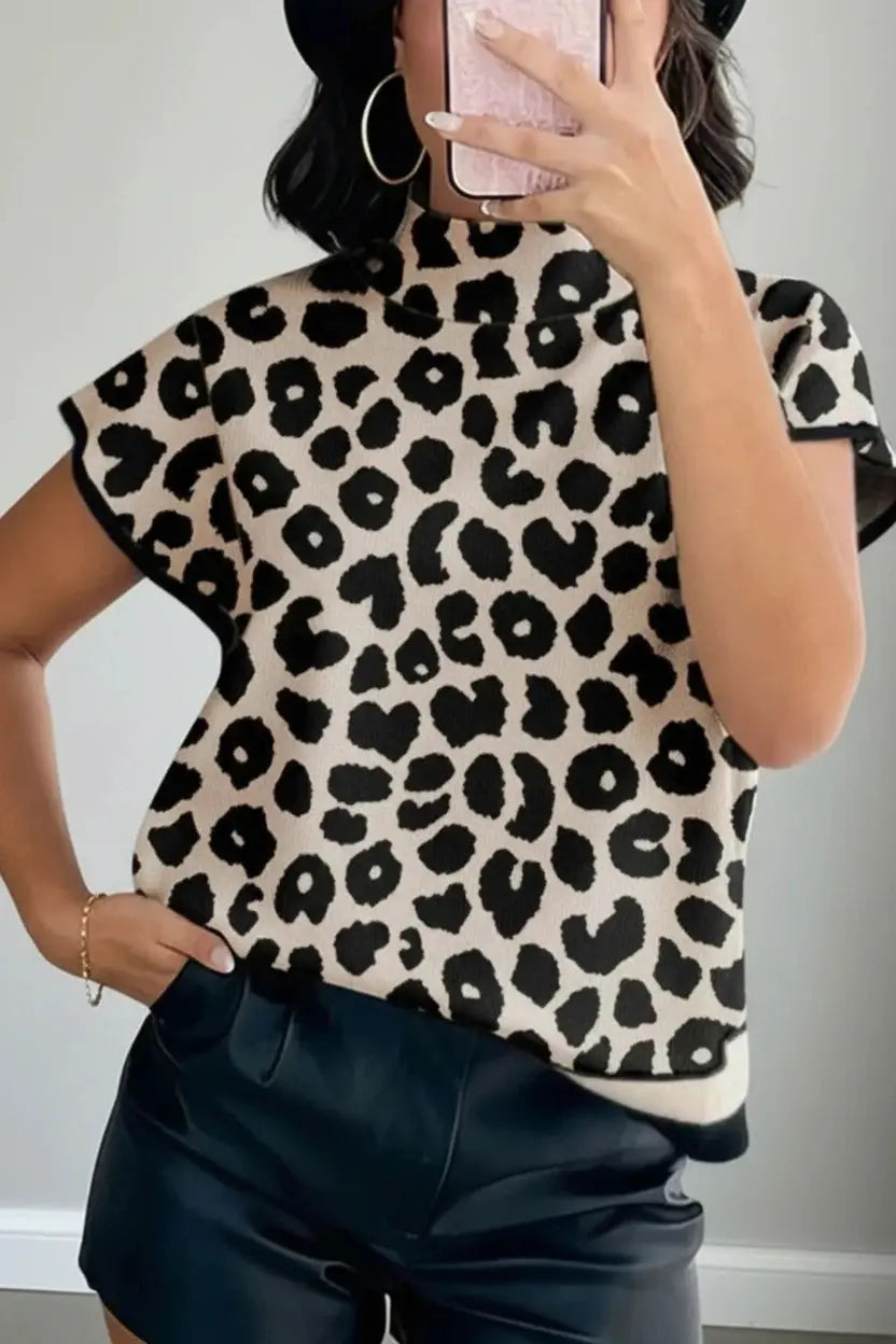 Daverri Fashions black and beige leopard print cap sleeve sweater