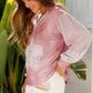 Soft pink Floral Patch V-Neck Hooded Sweatshirt with floral applique and lace trim