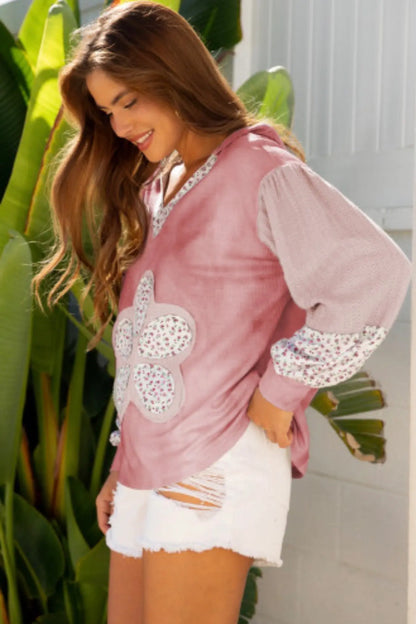 Floral Patch V-Neck Hooded Sweatshirt