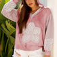 Pink suede floral patch V-neck hooded sweatshirt