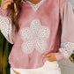 Pink Floral Patch V-Neck Hooded Sweatshirt with patterned cuffs