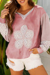 Pink Floral Patch V-Neck Hooded Sweatshirt with patterned cuffs