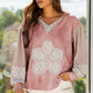 Pink tie-dye Floral Patch V-Neck Hooded Sweatshirt with floral appliqué and lace trim