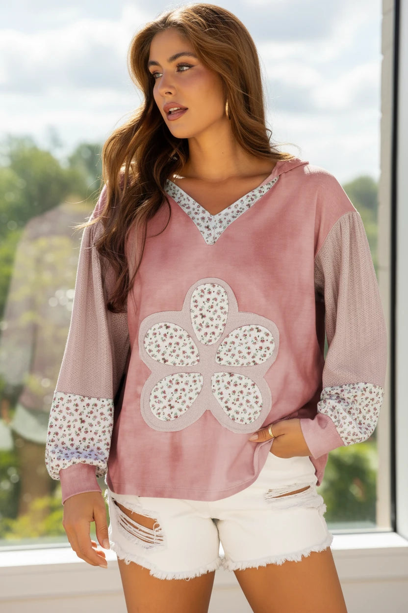 Pink tie-dye Floral Patch V-Neck Hooded Sweatshirt with floral appliqué and lace trim