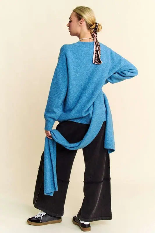 Davi & Dani V-Neck Dropped Shoulder Sweater with Scarf Tops