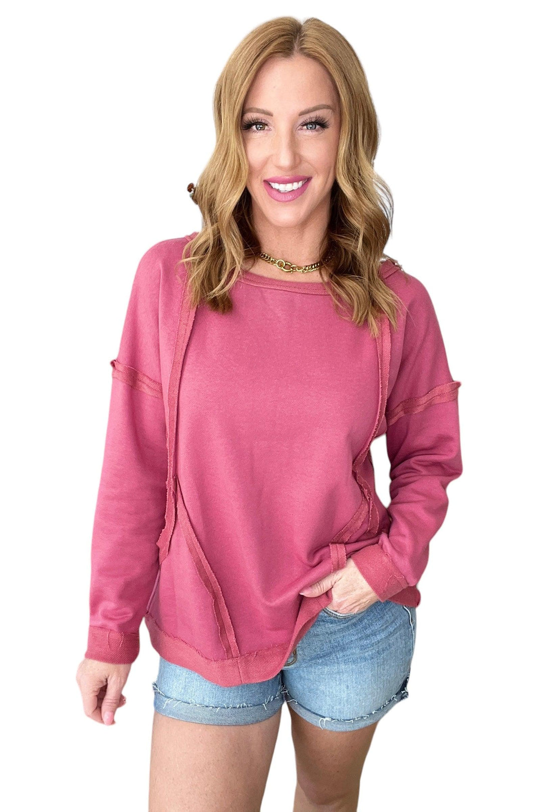 Drop Shoulder Exposed Seam Oversized Sweatshirt Large Mauve Sweatshirts