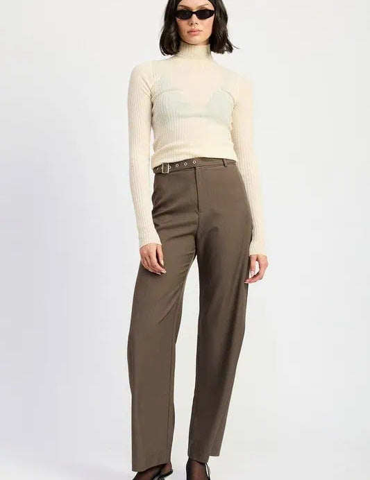 TROUSER PANTS WTIH ADJUSTABLE WAIST BAND BUCKLE BROWN Bottoms