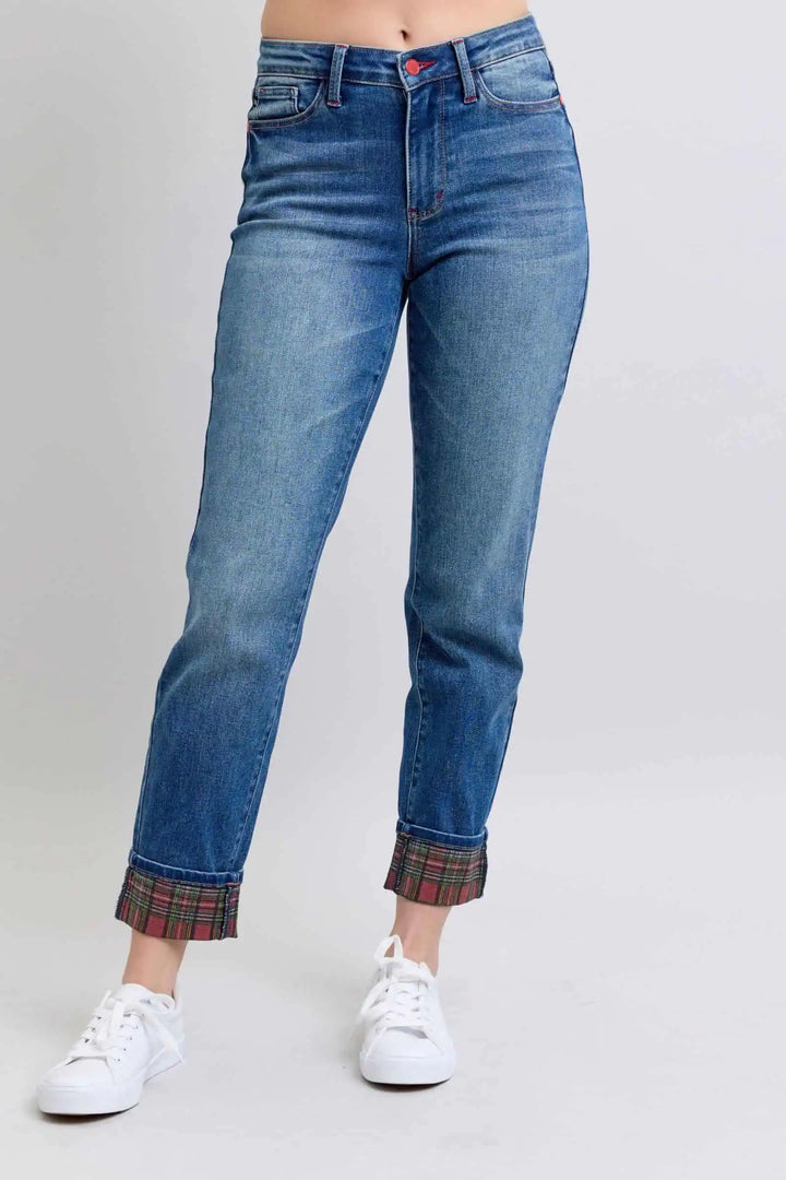 Judy Blue Full Size Plaid Print Cuff Straight Leg Jeans with Pockets Bottoms