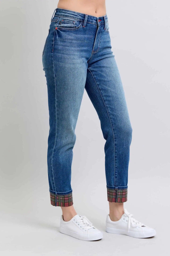 Judy Blue Full Size Plaid Print Cuff Straight Leg Jeans with Pockets Bottoms