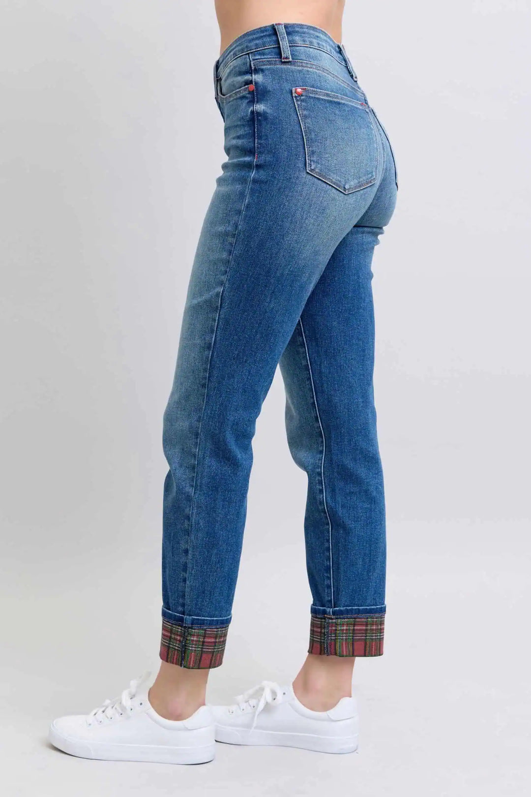 Judy Blue Full Size Plaid Print Cuff Straight Leg Jeans with Pockets Bottoms