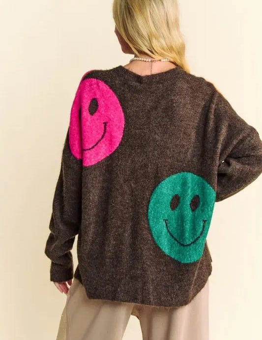 Davi & Dani Contrast Smile Round Neck Oversized Sweater Sweaters