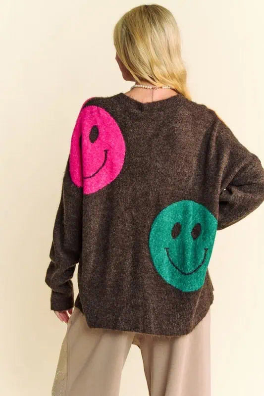 Davi & Dani Contrast Smile Round Neck Oversized Sweater Sweaters