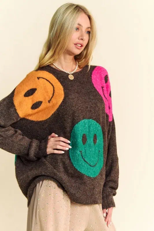 Davi & Dani Contrast Smile Round Neck Oversized Sweater Sweaters