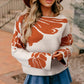 Boho flower pattern oversized knit sweater in off-white with rust florals and bell sleeves