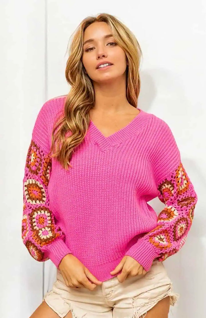 BiBi V-Neck Crochet Long Sleeve Sweater Sweaters