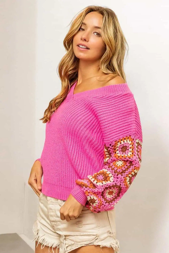 BiBi V-Neck Crochet Long Sleeve Sweater Sweaters