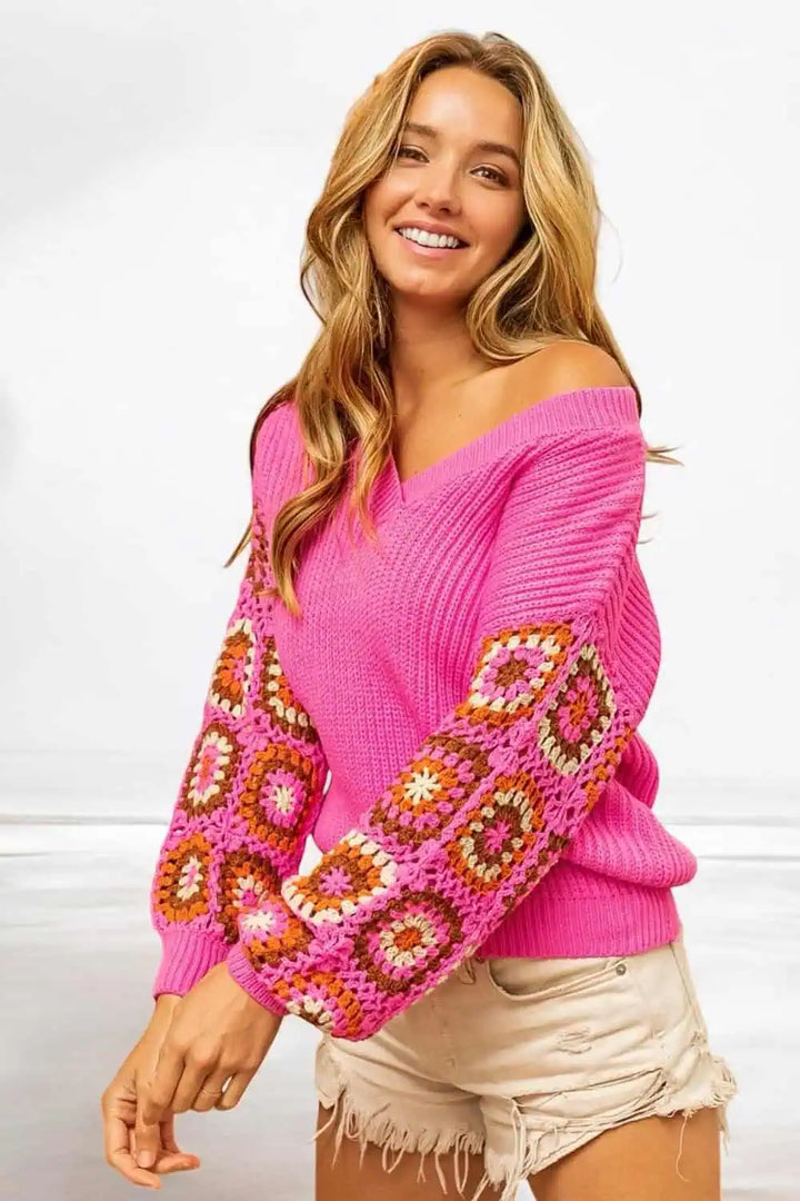 BiBi V-Neck Crochet Long Sleeve Sweater Sweaters