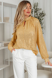 Daverri Fashions Metallic Balloon Sleeve Buttoned High Neck Loose Blouse