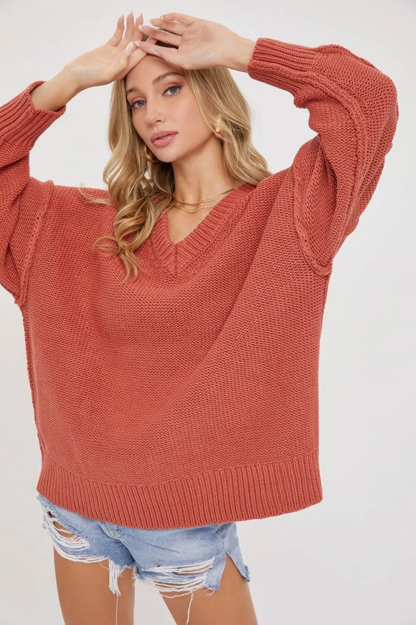 V Neck Oversized Chunky Knit Sweater Tops