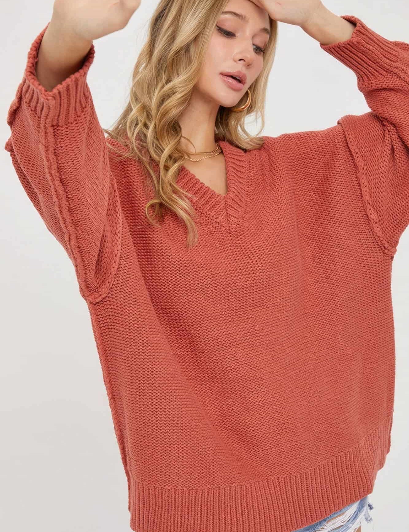 V Neck Oversized Chunky Knit Sweater Tops