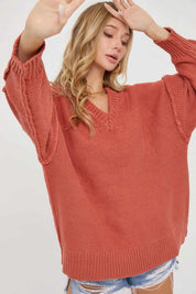 V Neck Oversized Chunky Knit Sweater Tops