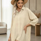 Beige oversized button-down shirt dress with 3/4 sleeves