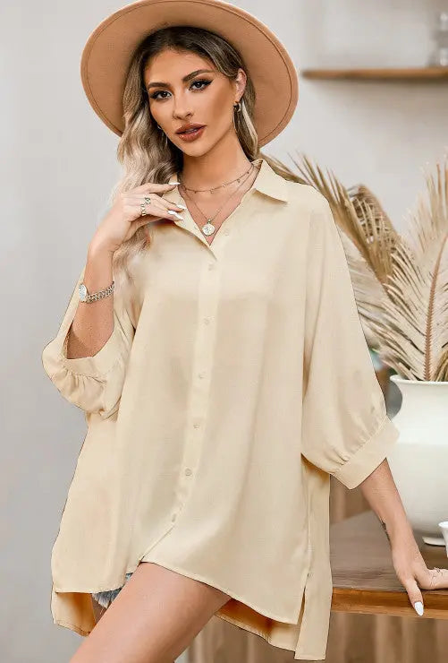 Women’s Full Size 3/4 Sleeve Button Up Oversized Shirt
