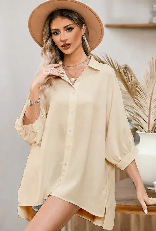 Beige oversized womens 3/4 sleeve button-up shirt