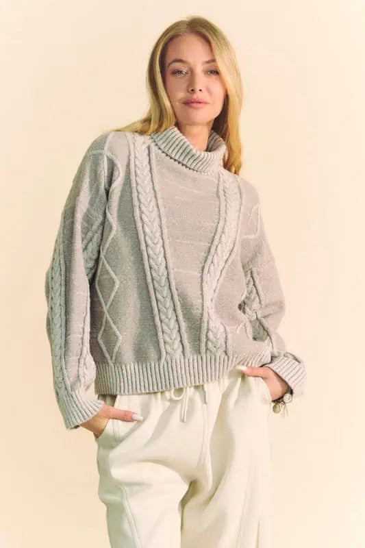 Davi & Dani Cable-Knit Turtleneck Dropped Shoulder Sweater Sweaters