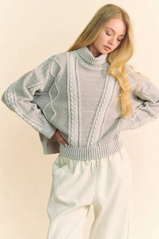 Davi & Dani Cable-Knit Turtleneck Dropped Shoulder Sweater Sweaters