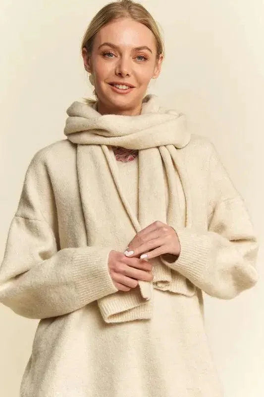 Davi & Dani V-Neck Dropped Shoulder Sweater with Scarf - DAVERRI FASHIONS
