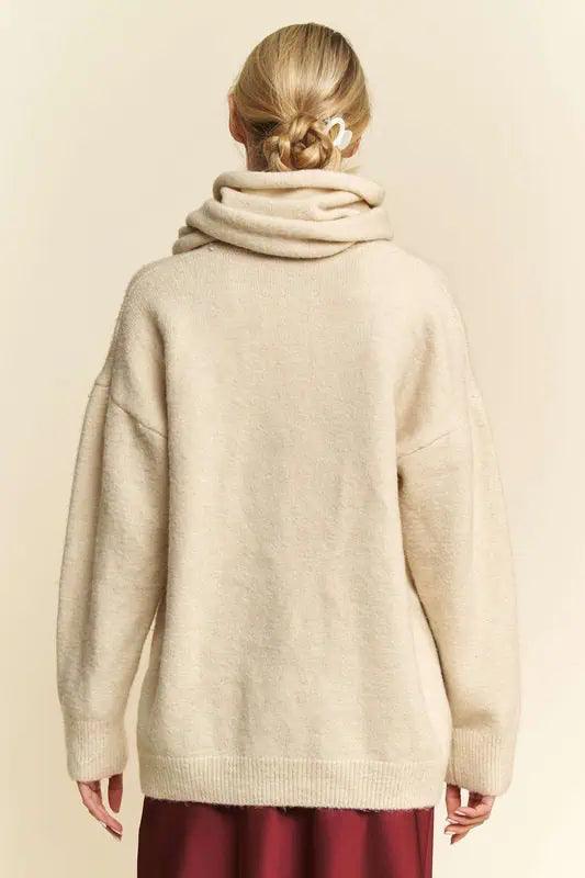 Davi & Dani V-Neck Dropped Shoulder Sweater with Scarf - DAVERRI FASHIONS