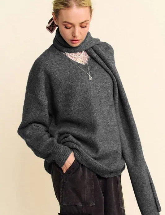 Davi & Dani V-Neck Dropped Shoulder Sweater with Scarf Set Sweaters