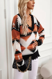 Daverri Fashions Geometric Frayed Hem V-Neck Long Sleeve Sweater