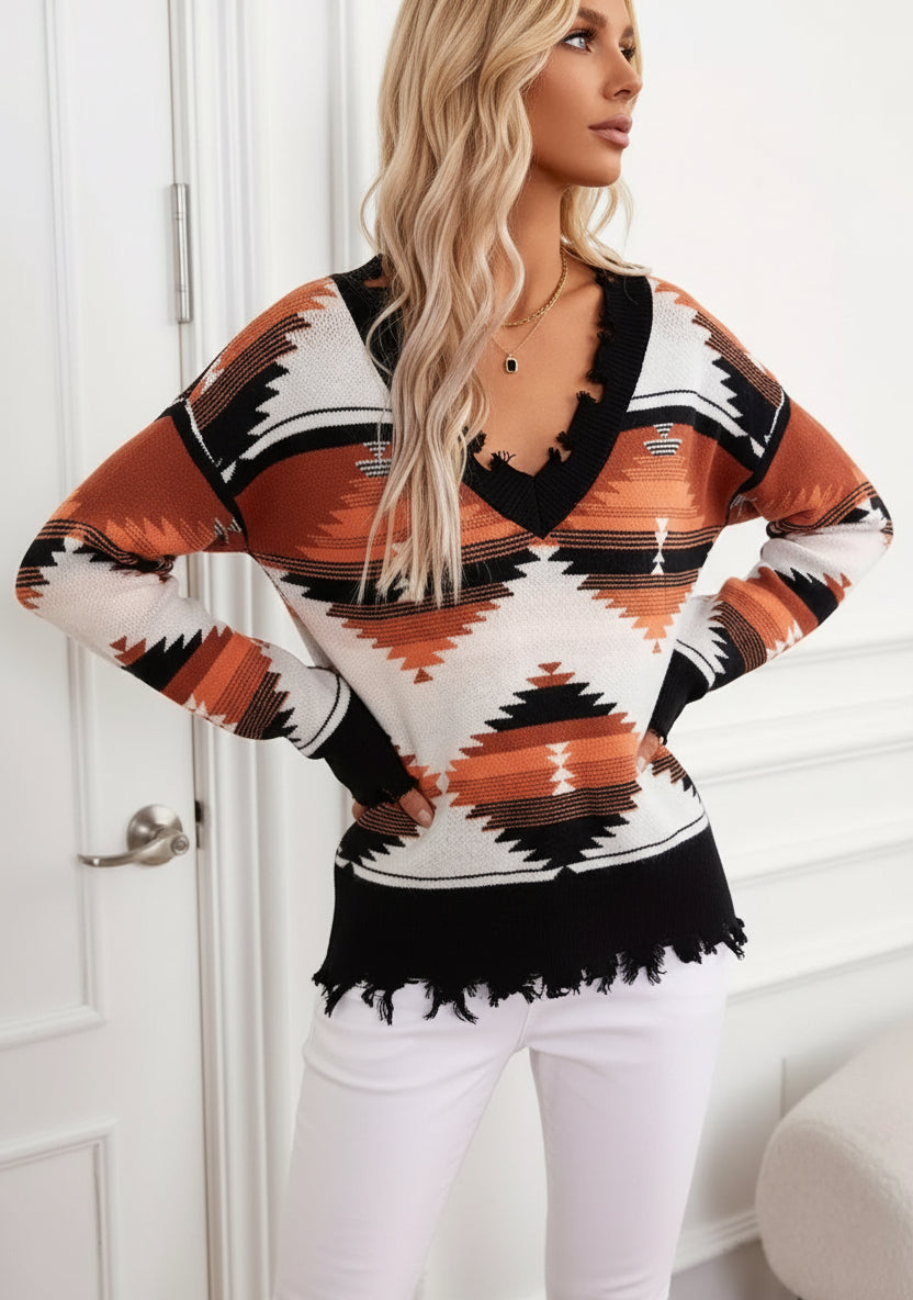 Daverri Fashions Geometric Frayed Hem V-Neck Long Sleeve Sweater